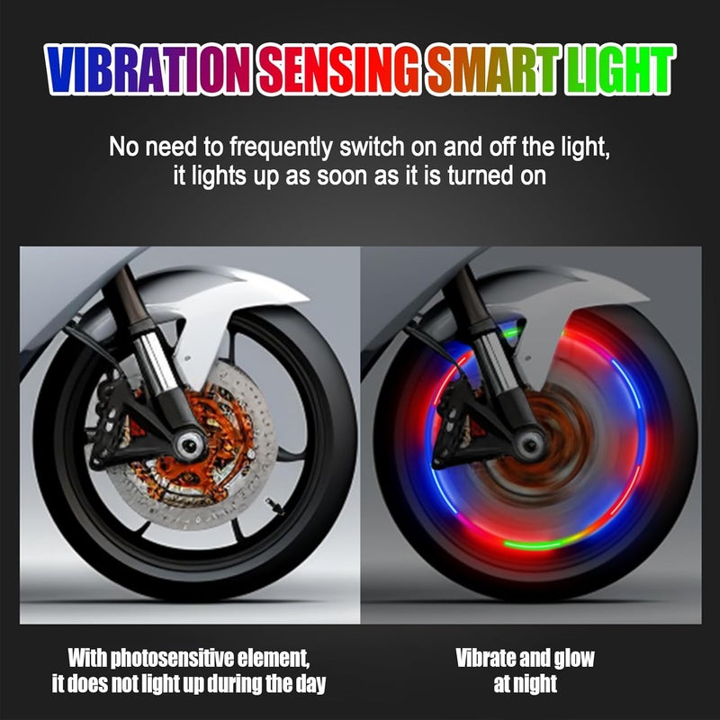 SWTHM 4PCS Tire Valve Light Vibration Sensor Dazzle Color LED Light Rechargeable Tire Valve Caps Lamp 4 Straight & 4 Curved Bases Light Sensor American Style Valves for Cars, Motorcycles, Bicycles - Image 2